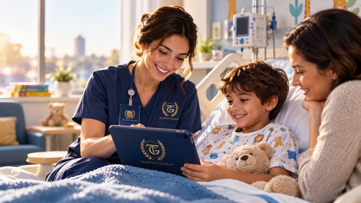Un niño hospitalizado comparte una actividad con una profesional y una tablet en un entorno pediátrico luminoso.